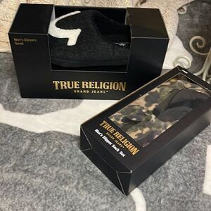3 piece true religion jeans slippers & slipper sock set nib/nwt
